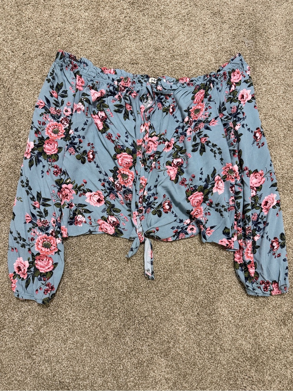 Jolt Light Blue Floral Off-Shoulder Tie-Front Blouse